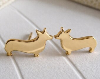 Pendientes de botón de perro Pembroke Welsh Corgi hechos a mano en oro