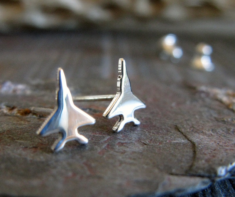 F-15 Jet fighter stud earrings handmade in sterling silver or 14k gold