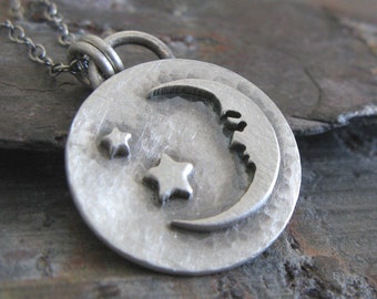 Crescent Moon and Stars antiqued sterling silver pendant disc necklace
