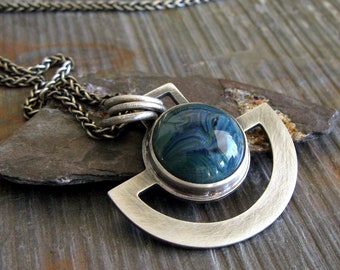 Modern Half Open Circle Sterling Silver and Blue Boro Glass Pendant One of a Kind Artisan Handmade Jewelry