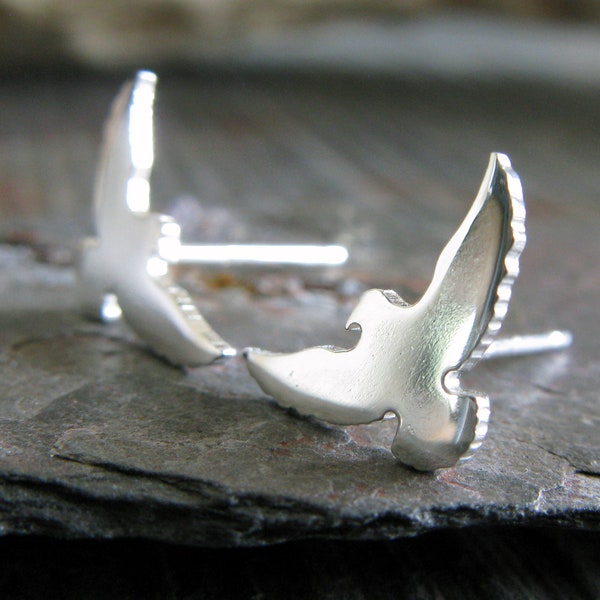 Flying raven crow bird stud earrings handmade in sterling silver or 14k gold