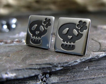 Sugar Skull stud earrings handmade in sterling silver