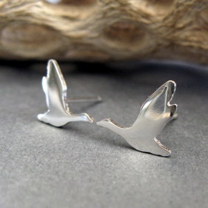 Flying Canadian Goose bird stud earrings handmade in sterling silver or 14k gold