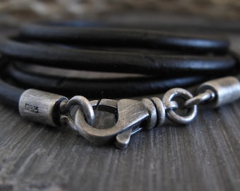 4mm thick black leather cord with antiqued sterling silver quality swivel lobster clasp