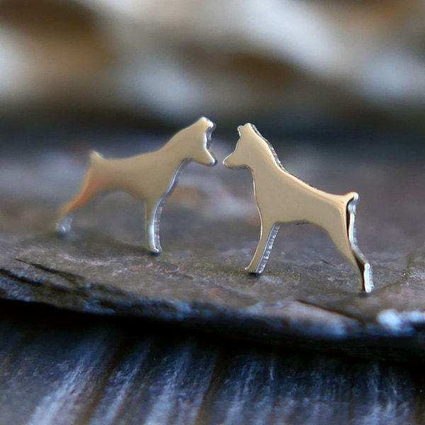 Mini Pincher tiny dog stud earrings handmade in sterling silver or 14k gold