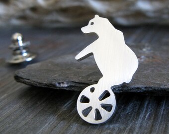 Bear on unicycle tie tack lapel hat pin artisan handmade in sterling silver