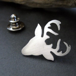 Deer stag head with antlers tie tack lapel hat pin artisan handmade in sterling silver