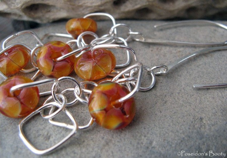 Orange and yellow lampwork glass bead long dangle sterling silver earrings image 4
