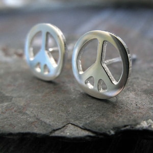 Peace sign stud earrings handmade in sterling silver or 14k gold