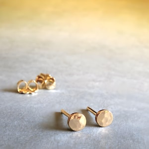 Tiny 3mm hammered disc stud earrings handmade in 14k gold