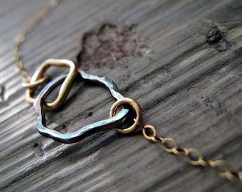 Minimalist necklace. Dainty mixed metal jewelry. Sterling silver & 14k gold filled. Organic unique gold and gunmetal gift.