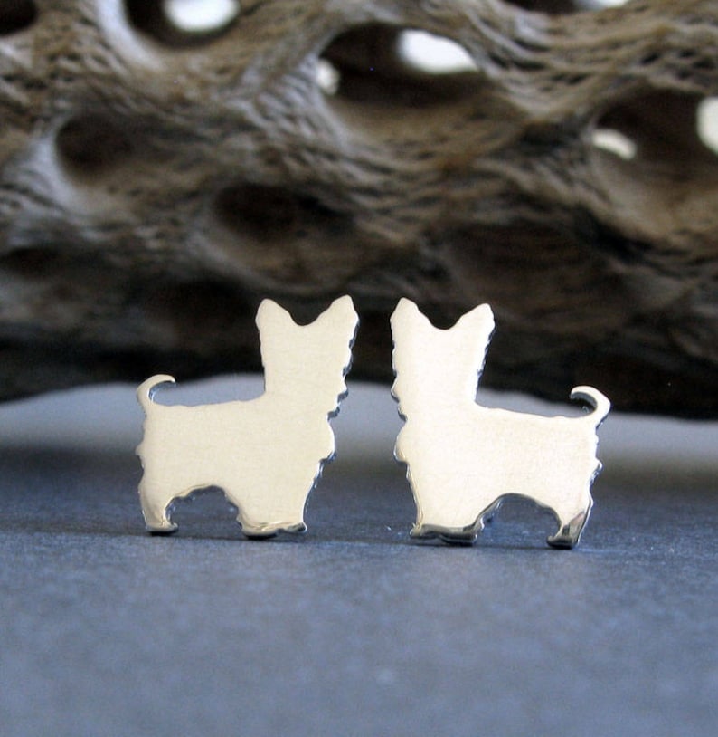 Yorkie Yorkshire Terrier dog stud earrings handmade in sterling silver or 14k gold image 1