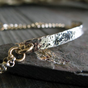 Mixed metal bracelet hammered sterling silver bar with gold and silver chain