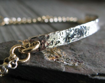 Mixed metal bracelet hammered sterling silver bar with gold and silver chain