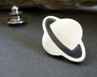 Planet Saturn tie tack lapel hat pin artisan handmade in sterling silver