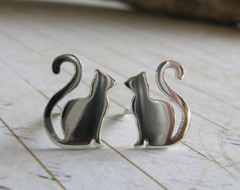 Cat stud earrings handmade in sterling silver or 14k gold