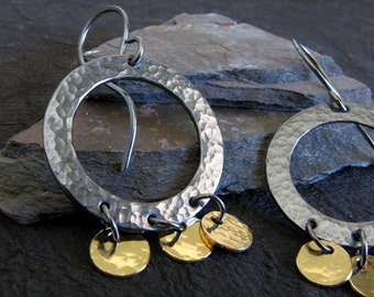 Unique mixed metal dangle earrings artisan handmade in sterling silver and 14k gold filled