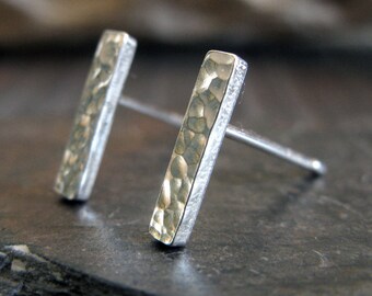 Dainty hammered bar stud earrings handmade in sterling siver or gold filled