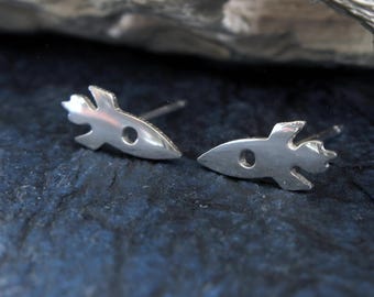 Rocket spaceship stud earrings handmade from sterling silver or 14k gold