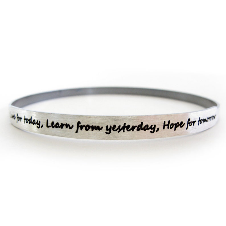 Personalized bangle bracelet. Sterling silver custom engraved stacking jewelry. Quote, message, names, dates.. you choose font. image 1