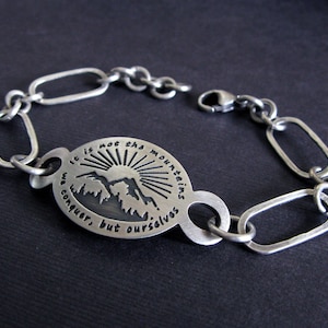 Hiking quote handmade sterling silver bracelet with mountains and sun