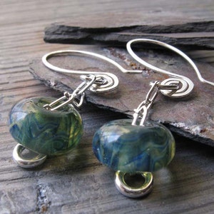 Lampwork blue green boro glass bead chain dangle earrings with sterling silver image 1