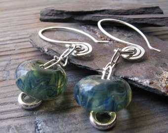 Lampwork blue green boro glass bead chain dangle earrings with sterling silver