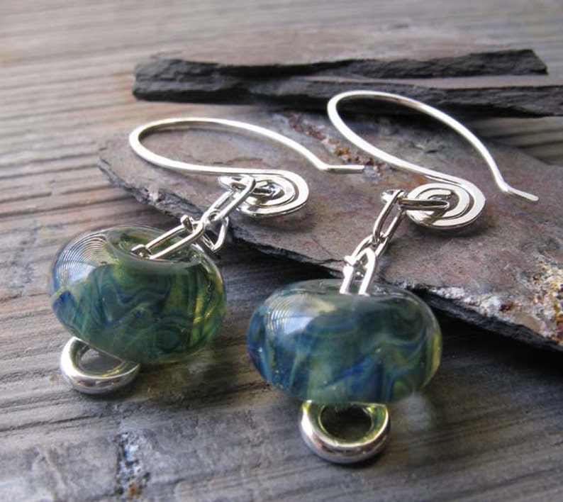 Lampwork blue green boro glass bead chain dangle earrings with sterling silver image 1