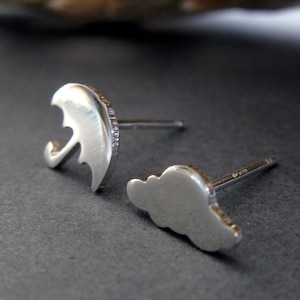 Umbrella and rain cloud stud earrings handmade in sterling silver or 14k gold
