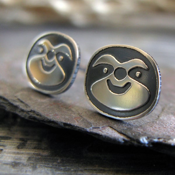 Sloth Face Animal stud earrings handmade in sterling silver