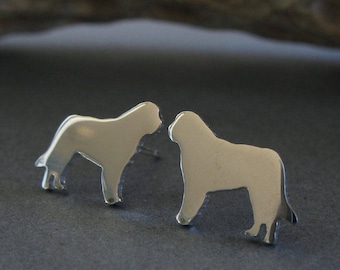 St. Bernard dog stud earrings. Artisan handmade posts in sterling silver or 14k gold.