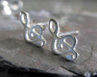 Treble clef music note stud earrings handmade in sterling silver or 14k gold