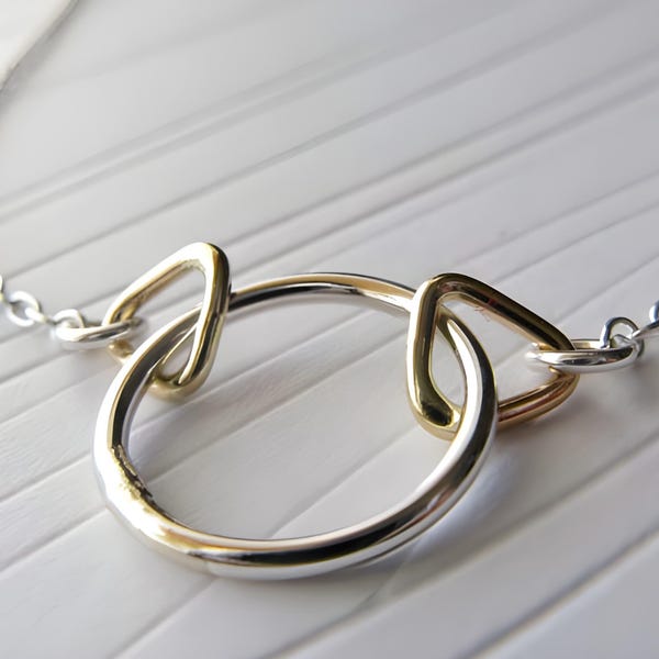 Simple modern sterling silver and gold filled geometric necklace.  Triangles and ring jewelry.