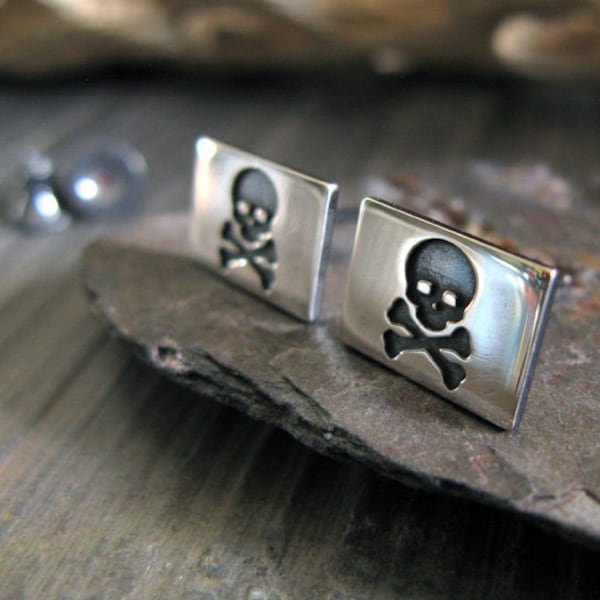 Pirate Flag Skull & Crossbones stud earrings handmade in sterling silver