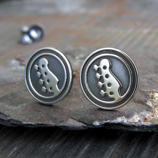 Bass guitar stud earrings handmade in sterling silver