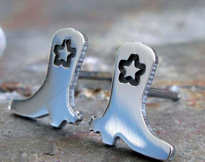 Western cowboy boots stud earrings handmade in sterling silver