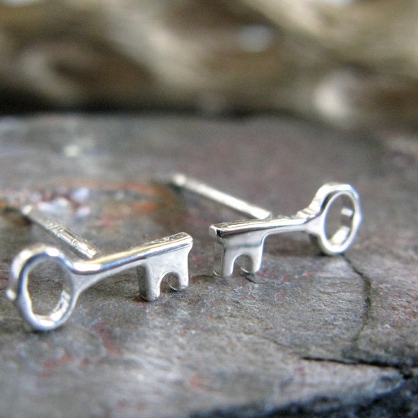 Tiny skeleton key stud earrings handmade in sterling silver or 14k gold