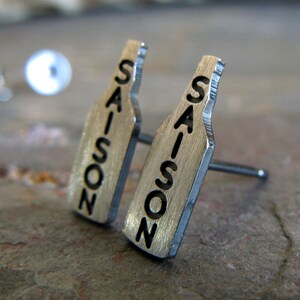 Tiny Saison craft beer bottle stud earrings handmade in sterling silver