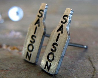 Tiny Saison craft beer bottle stud earrings handmade in sterling silver