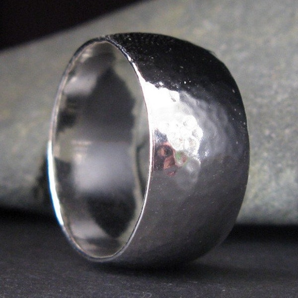 10mm wide ring band hammered sterling silver
