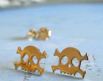 Skull & crossbones stud earrings handmade in sterling silver or 14k gold