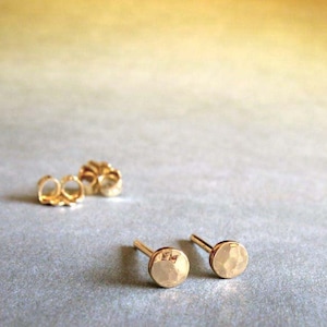 Tiny 3mm hammered disc stud earrings handmade in 14k gold image 1