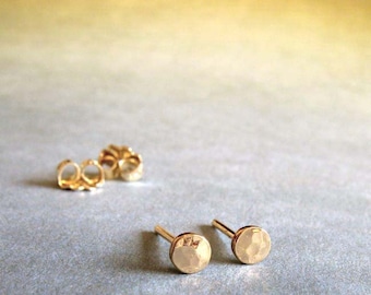 Tiny 3mm hammered disc stud earrings handmade in 14k gold