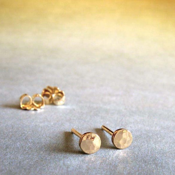 Tiny 3mm hammered disc stud earrings handmade in 14k gold