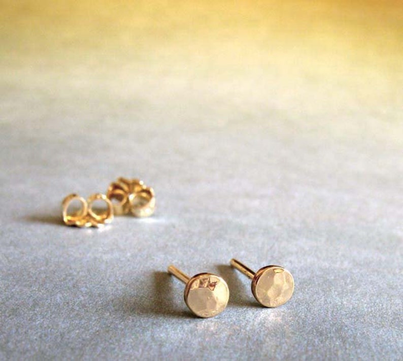 Tiny 3mm hammered disc stud earrings handmade in 14k gold image 1