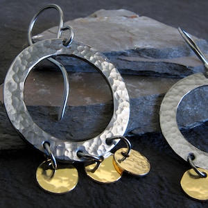 Unique mixed metal dangle earrings artisan handmade in sterling silver and 14k gold filled