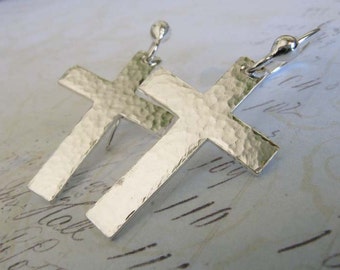 Christian cross dangle earrings artisan handmade in sterling silver