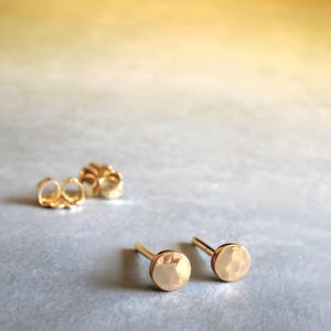 Minimalist tiny 3mm solid 14k yellow gold hammered dot stud earrings
