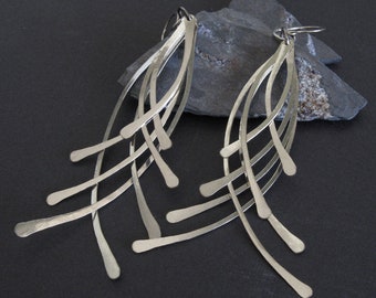 Long boho feather earrings artisan handmade in sterling silver