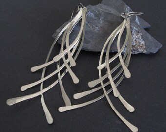 Long boho feather earrings artisan handmade in sterling silver